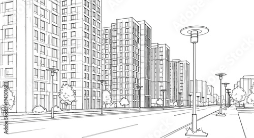 Modern city street with apartment buildings perspective view, urban architecture skyline, residential district CAD drawing flat vector illustration design