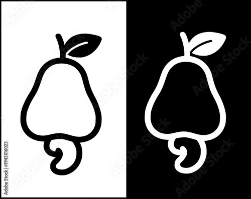 Cashew fruit icon set, black and white with original and negative design, transparent PNG