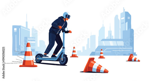 person riding electric scooter through traffic cones in city