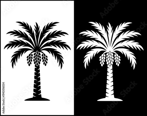 Date palm tree icon set, black and white with original and negative design, transparent PNG