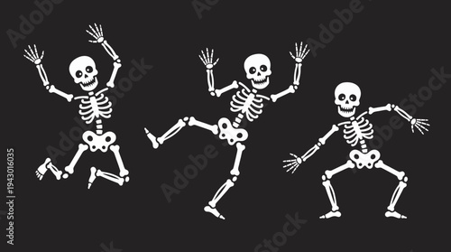 Three playful cartoon skeletons dancing and jumping on a dark background, perfect for Halloween or spooky-themed designs.