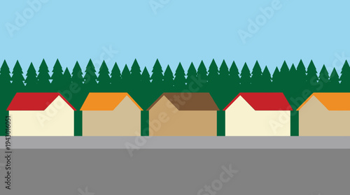 Flat vector illustration of a suburban street with a row of houses, a road, and green trees under a blue sky, depicting a peaceful neighborhood scene.