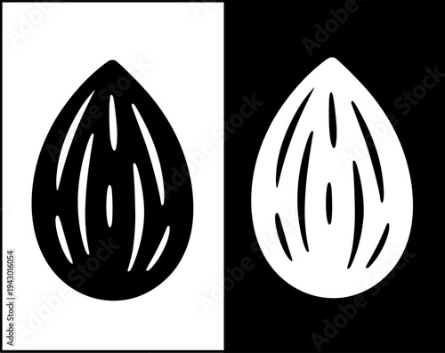 Almonds icon set, black and white with original and negative design, transparent PNG