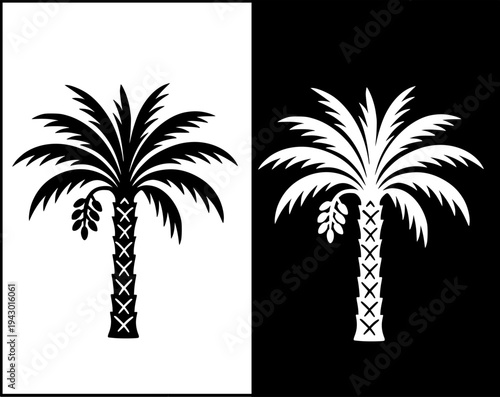 Date palm tree icon set, black and white with original and negative design