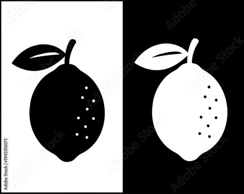 Lemon fruit icon set, black and white with original and negative design, transparent PNG