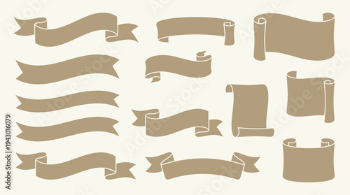 A collection of vintage brown banners and scrolls in various shapes and sizes, resembling old parchment or paper for design elements.