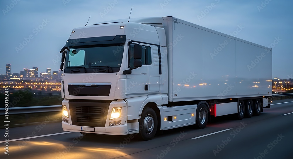 Fototapeta premium White semi-truck driving on highway at dusk with city skyline in background