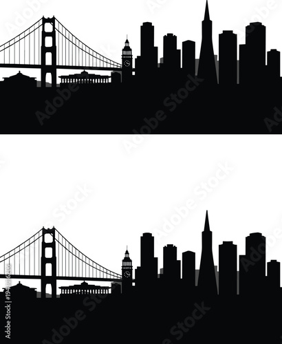 San Francisco city skyline silhouette with Golden Gate Bridge landmark vector illustration set, urban skyline panorama, famous California cityscape isolated in black for design