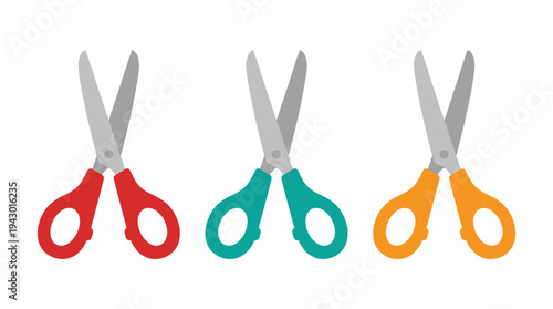 Three colorful pairs of craft scissors with red, teal, and orange handles on a white background.