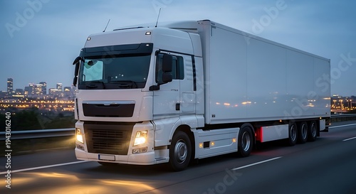 Wallpaper Mural White semi-truck driving on highway at dusk with city skyline in background Torontodigital.ca