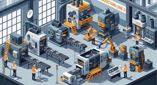 Industrial Factory with Workers and Machines.