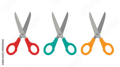 Three colorful pairs of scissors with red, teal, and orange handles on a white background, arranged horizontally.