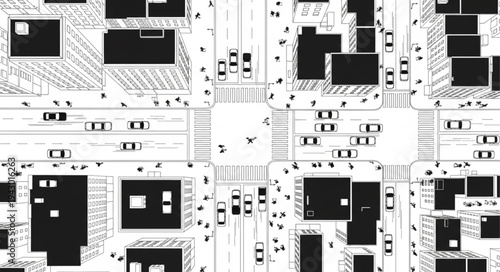 Aerial view of a busy city street intersection with cars and pedestrians.