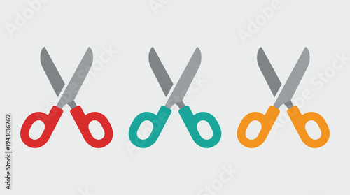 Three colorful pairs of open scissors with red, teal, and orange handles on a light grey background.
