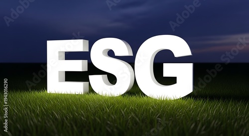3D ESG letters standing on grass against a dark sky background