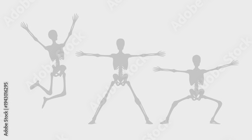 Three grey skeleton figures demonstrating various exercise poses including jumping, stretching, and squatting, illustrating human movement and skeletal anatomy.