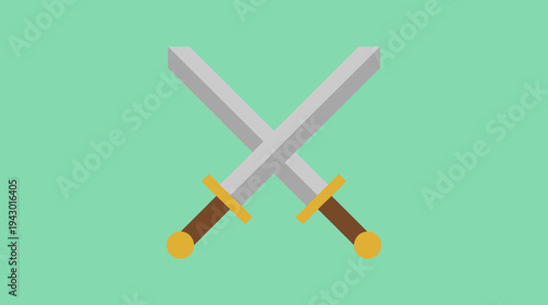 Two stylized grey swords with brown and gold handles crossed against a solid teal background, depicting a simple weapon icon or symbol.