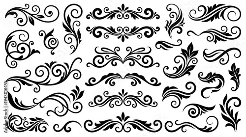 A collection of elegant black vintage scroll and swirl decorative design elements and flourishes on a white background, perfect for borders and accents.