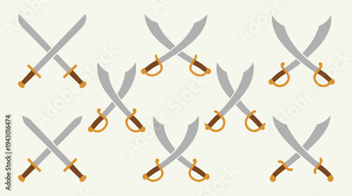 Eight pairs of crossed sabers with golden hilts on a light background, symbolizing conflict or piracy.