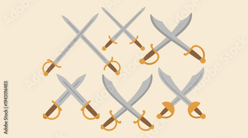 Vector illustration of various crossed swords and sabers arranged in a circular pattern on a light background, depicting historical weaponry.