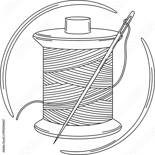 sewing, thread, spool, needle, stitching, tailoring, craft, textile, sewing tool, handmade, embroidery, hobby, vector, line art, illustration, equipment, fashion, craftwork, design, symbol