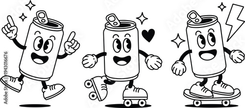 Cute soda can mascot cartoon character set skating and skateboarding with happy expressions, playful beverage mascot vector collection for drink branding, stickers and logo design