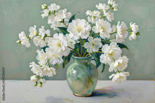 a painting of white flowers in a green vase