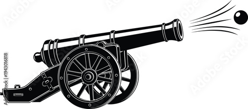 Vintage cannon firing cannonball, historical artillery weapon illustration, military war equipment concept, cad drawing flat vector illustration design
