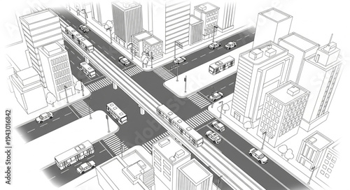 Busy city intersection with cars and buildings in a sketch style.