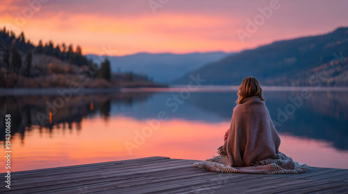 A woman sits on a dock and watches a beautiful sunset over a serene lake