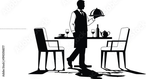 Restaurant waiter serving food at dining table silhouette, fine dining service concept, hospitality staff in restaurant scene, flat vector illustration