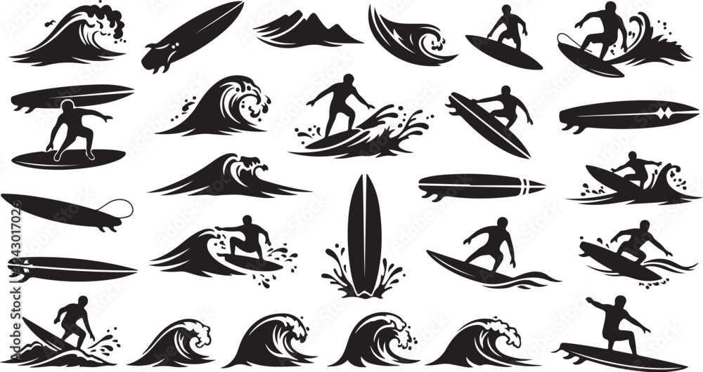 Obraz premium Surfing Silhouettes and Waves in Black and White Vector