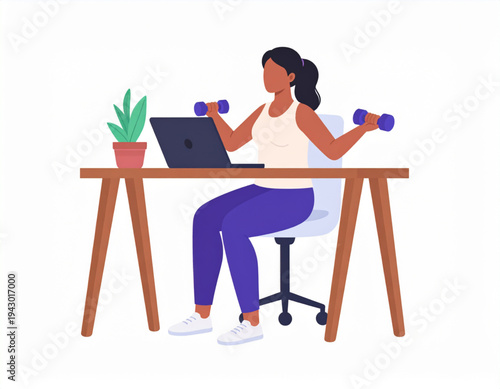 Woman Doing Dumbbell Exercise While Working On Laptop At Desk
