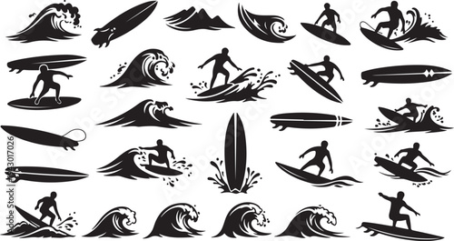 Surfing Silhouettes and Waves in Black and White Vector