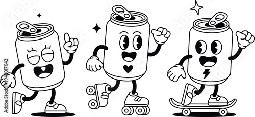 Cute soda can mascot cartoon character set skating and skateboarding, playful beverage mascots with happy expressions for drink branding, stickers, packaging and logo design