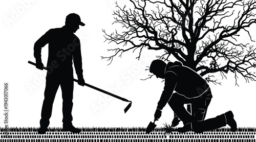 Silhouette of gardeners working with hoe and planting seedling in garden under tree illustrating teamwork, farming and nature care