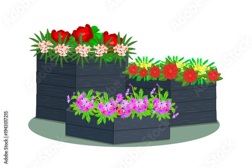 Raised flower bed. Vibrant floral in raised tiered wooden planter boxes. Planters filled of colorful blooming flowers for environment landscaping.Planting flowers in garden or city public space.Vector