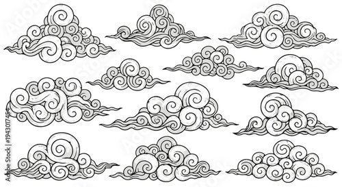 Set of Hand Drawn Traditional Oriental Swirl Clouds Vector Illustration isolated PNG with Transparent Background