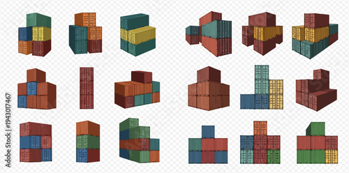 Set of colorful cargo containers for shipping and transportation, isolated on transparent background, various arrangements.