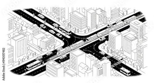 Busy City Intersection with Traffic and Pedestrian Bridge.