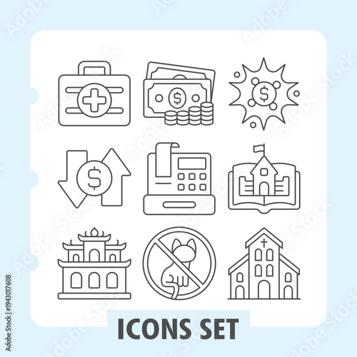 First aid kit, exchange coin, temple icons, depicting concepts like finance, healthcare, learning and regulations. Set of nine thin line icons on white background.