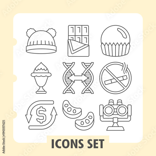 Winter hat, ice cream, dollar exchange icons, representing concepts such as comfort, nutrition, science, finance, prohibition and discovery. Set of nine thin line icons on white background.