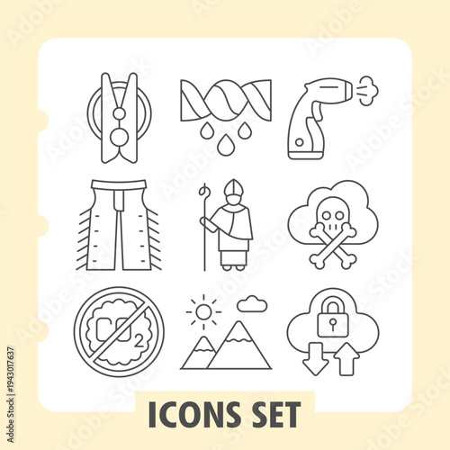 Clothespin western pants, scooter ban icons, collection representing domestic life, environmental safety, digital privacy and spiritual guidance. Set of nine thin line icons on white background.