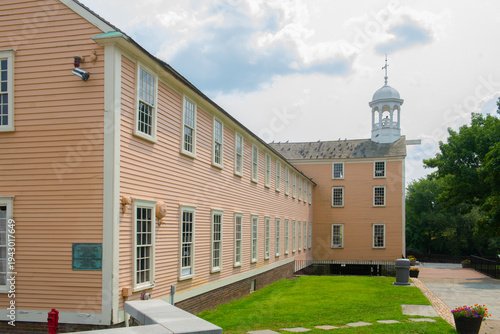 Old Slater Mill building in Old Slater Mill National Historic Landmark on Roosevelt Avenue in downtown Pawtucket, Rhode Island RI, USA.