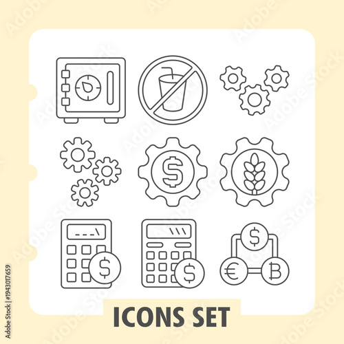 Safe, gears, calculator icons, depicting essential commercial concepts across finance, security and industrial processes. Set of nine thin line icons on white background.