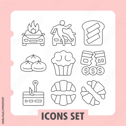 Car accident, dumplings, credit card fraud cons, featuring concepts of daily life, financial dealings, common foods and security. Set of nine thin line icons on white background.