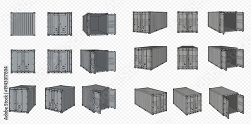 Set of gray cargo containers from various angles, isolated on a transparent background, depicting shipping and logistics.