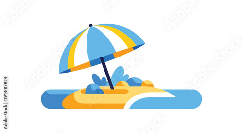 Inflatable raft with umbrella in bright sunny lighting for summer vacation