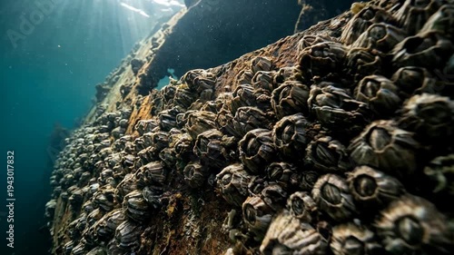Underwater View of Sunken Shipwreck with Barnacles in Clear Blue Ocean Water and Sunrays Filtering Through Surface Casting Light and Shadow