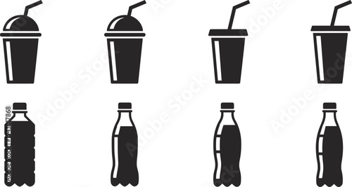 Disposable drink cups and plastic soda bottles silhouette icon set with straws and lids, beverage container vector collection isolated for fast food and refreshment design